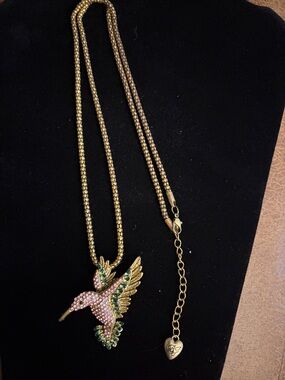 Betsey Johnson Gold-tone Hummingbird Necklace with Pink & Green Crystals 28 inch